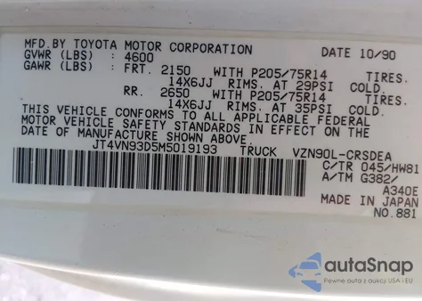 1991 Toyota Pickup 1/2 Ton Ex Lng Whlbse Dlx from USA, damaged, VIN JT4VN93D5M5019193